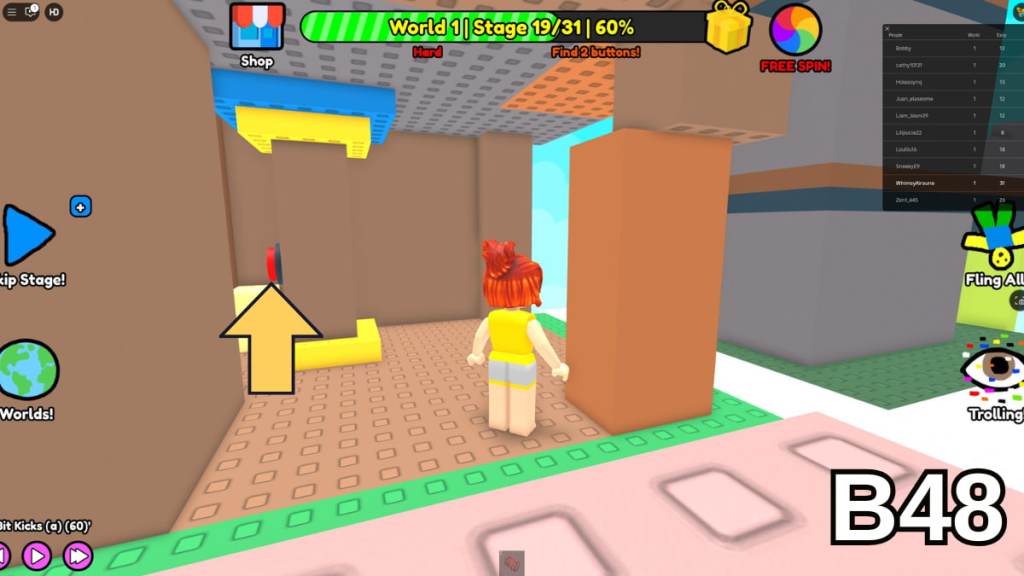 The button hidden on the pillar in Stage 19 of the Hard Version of Roblox Find Buttons World One