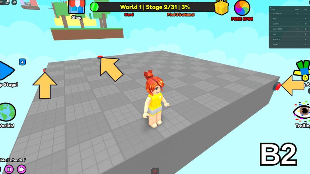The Stage 2 button locations in the Hard Version of Roblox Find Buttons World One