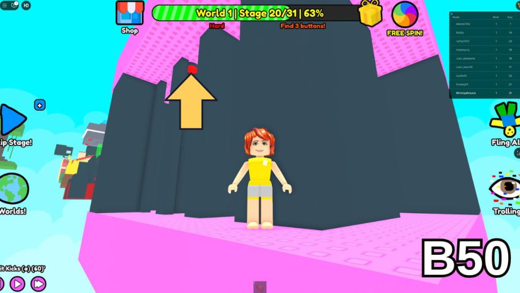 The first Stage 20 button on the ceiling in the Hard Version of Roblox Find Buttons World One