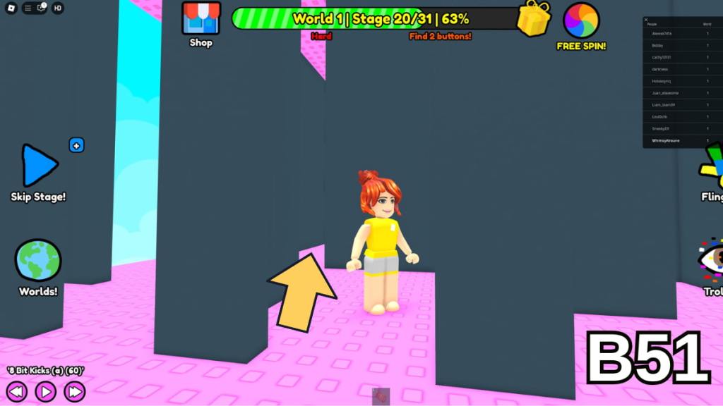 The path leading to the second Stage 20 button in the Hard Version of Roblox Find Buttons World One