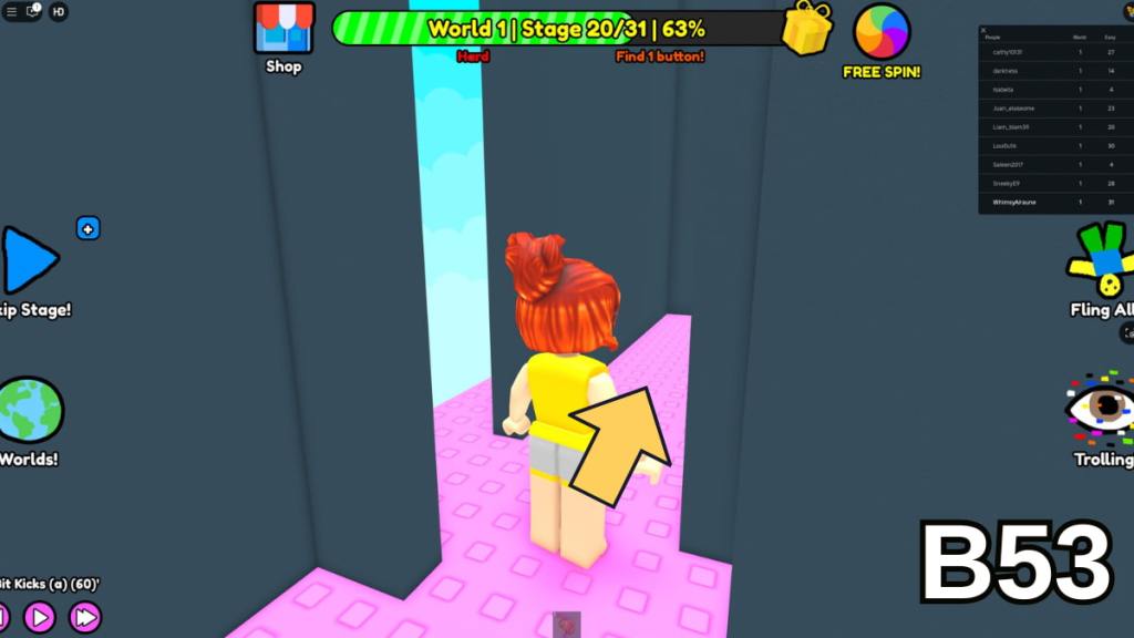 The path leading to the final button in Stage 20 of the Hard Version of Roblox Find Buttons World One