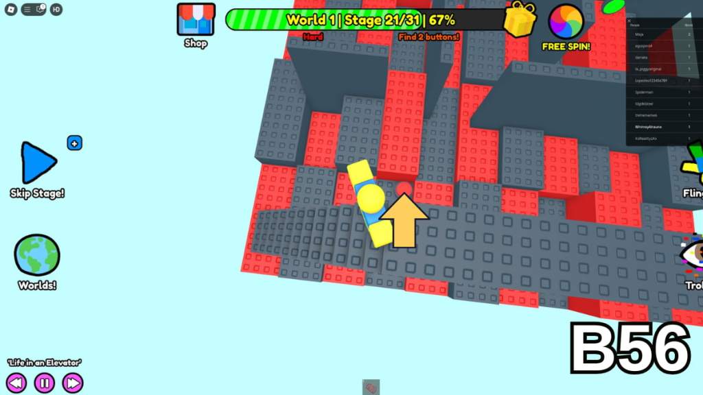The button at the end of the staircase in Stage 21 of the Hard Version of Roblox Find Buttons World One