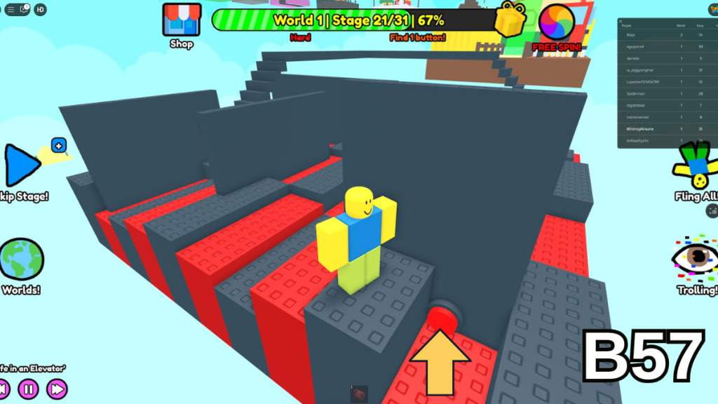 The button in the front right corner of Stage 21 in the Hard Version of Roblox Find Buttons World One