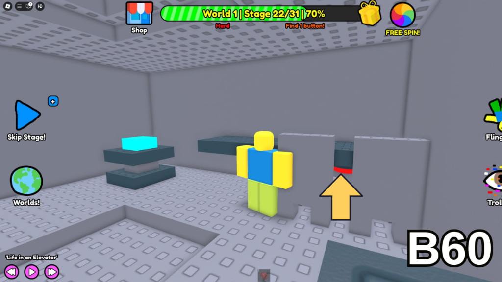 Finding the spaceship button in Stage 22 of the Hard Version of Roblox Find Buttons World One