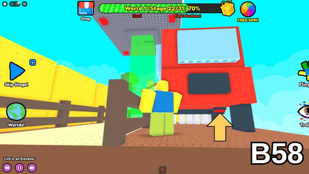A button beneath a car in Stage 22 of the Hard Version of Roblox Find Buttons World One