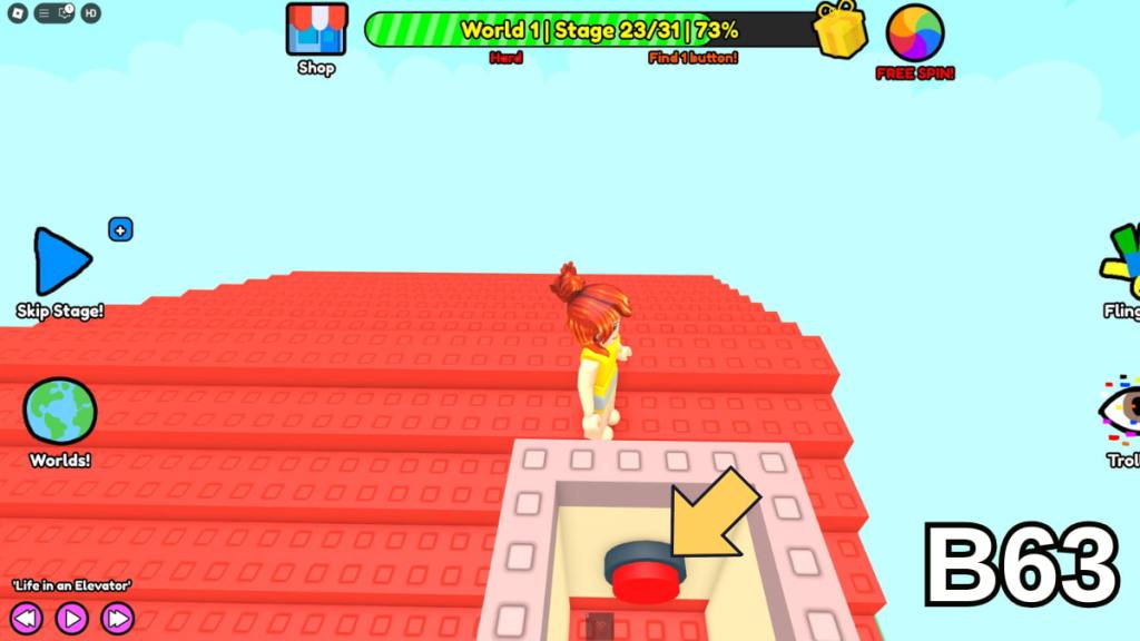 A button in the Stage 23 chimney in the Hard Version of Roblox Find Buttons World One