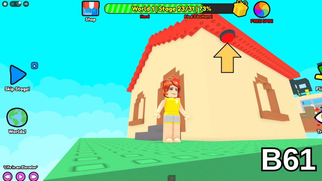 The button beneath the rim of the roof in Stage 23 of the Hard Version of Roblox Find Buttons World One