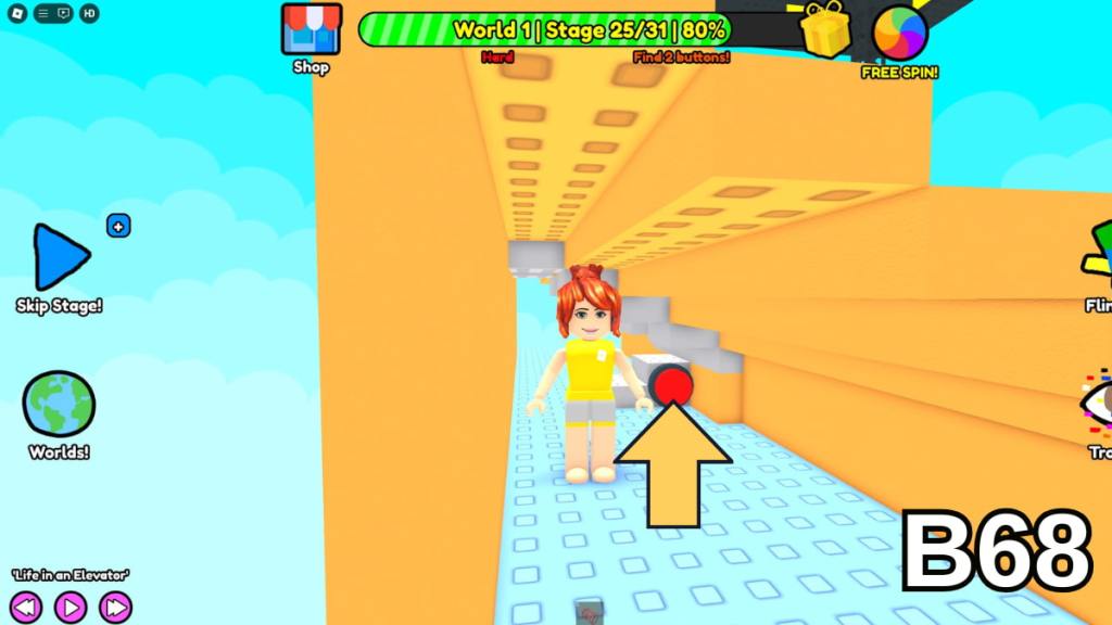 Finding the button beneath the bleachers in Stage 25 of the Hard Version of Roblox Find Buttons World One