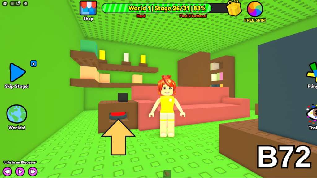 The button hidden in the nightstand in Stage 26 of the Hard Version of Roblox Find Buttons World