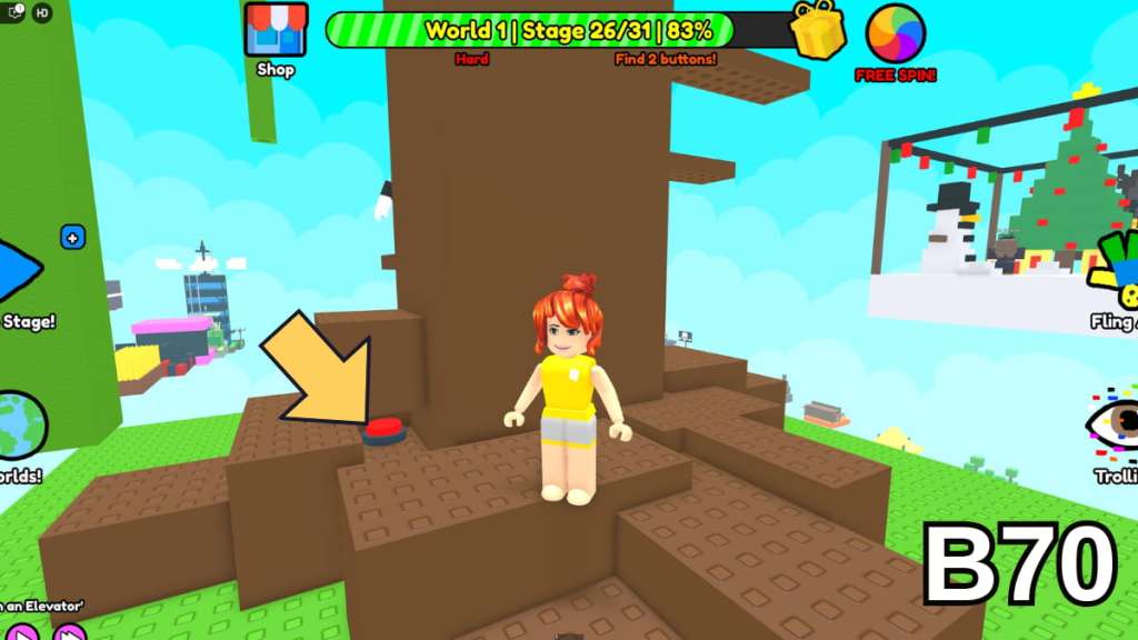 The button beneath the Stage 26 tree root in the Hard Version of Roblox Find Buttons World