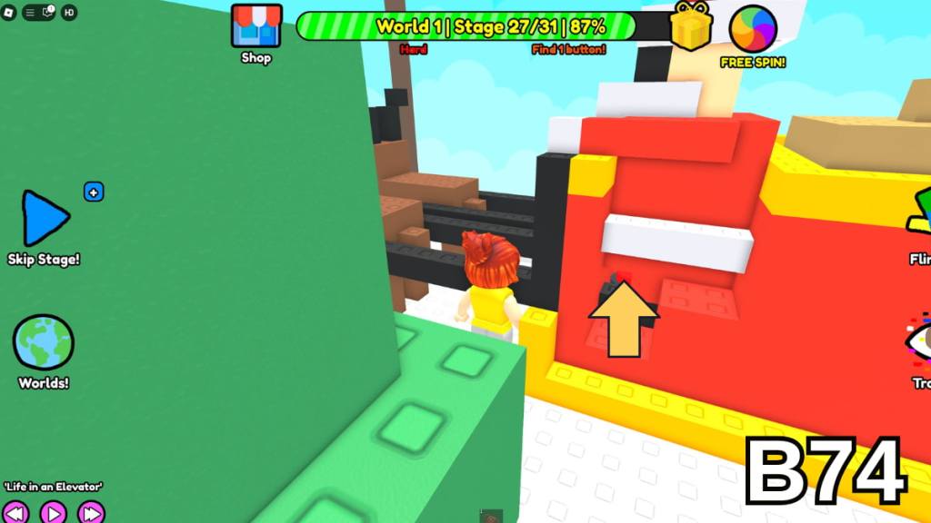 The Stage 27 button hidden beneath Santa&rsquo;s boots in the Hard Version of Roblox Find Buttons World