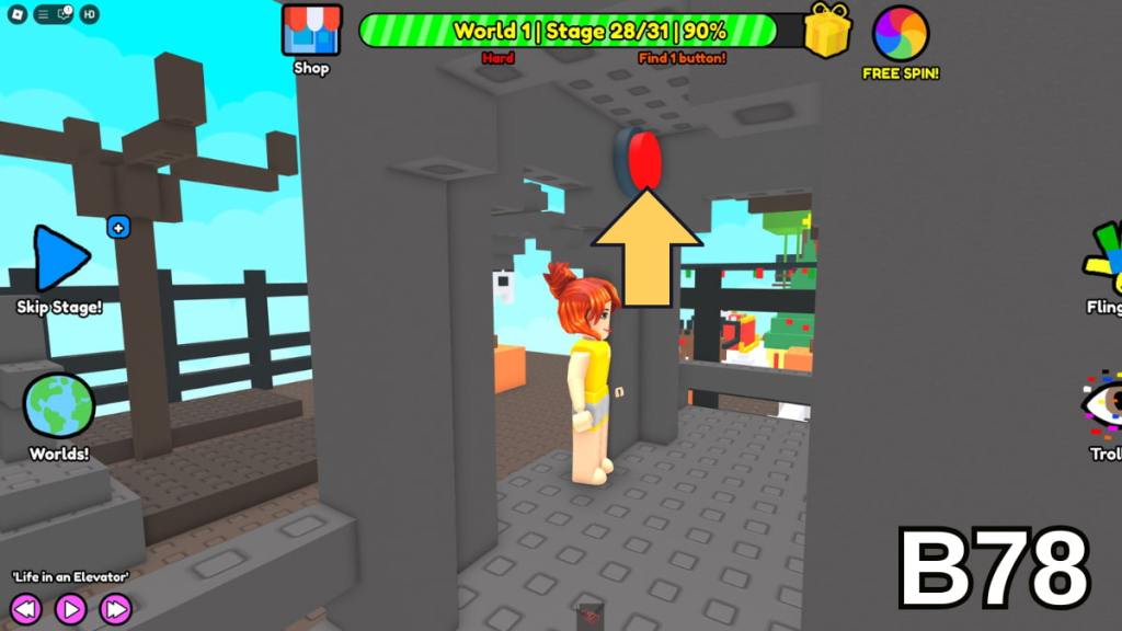 The button inside of the Stage 28 hut in the Hard Version of Roblox Find Buttons World