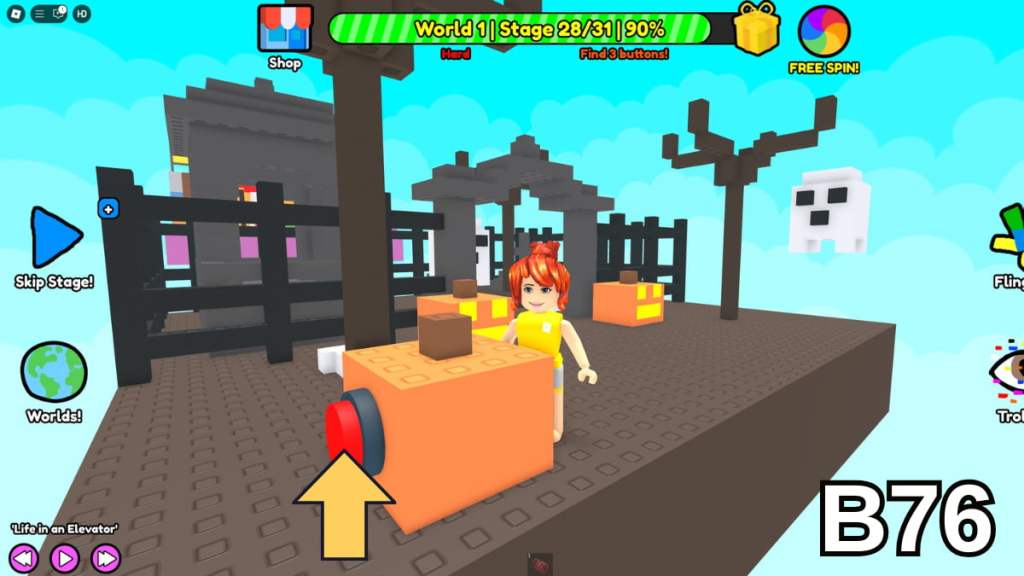 The button on the side of a pumpkin in Stage 28 of the Hard Version of Roblox Find Buttons World