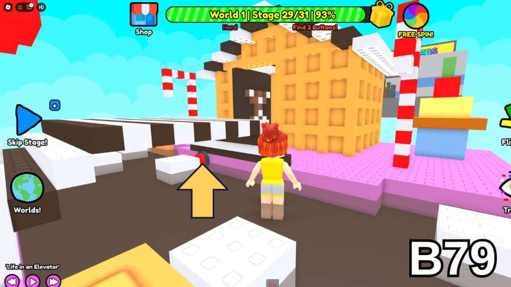 The button beneath the Stage 29 bridge in the Hard Version of Roblox Find Buttons World