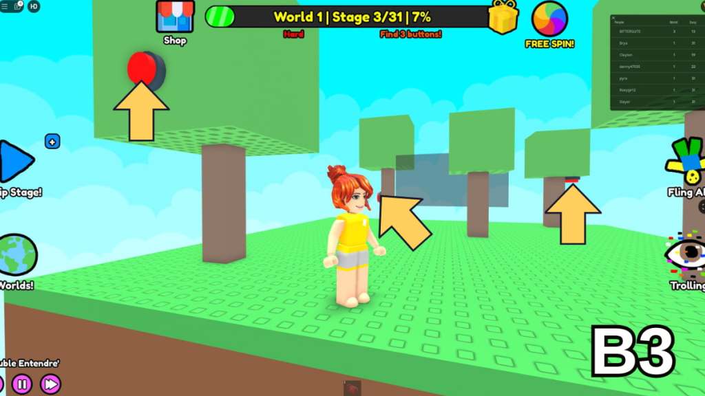 The locations of the Stage Three buttons in the Hard Version of Roblox Find Buttons World One