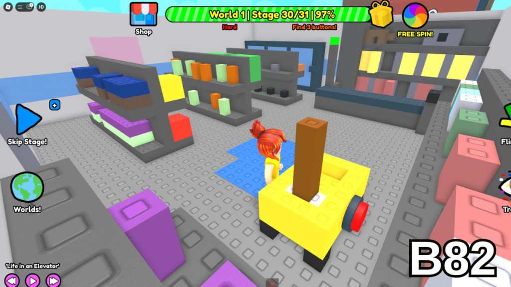 The button on the side of the mop cart in Stage 30 of the Hard Version of Roblox Find Buttons World
