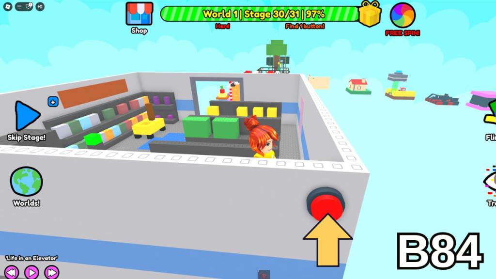 The final hidden button in Stage 30 of the Hard Version of Roblox Find Buttons World