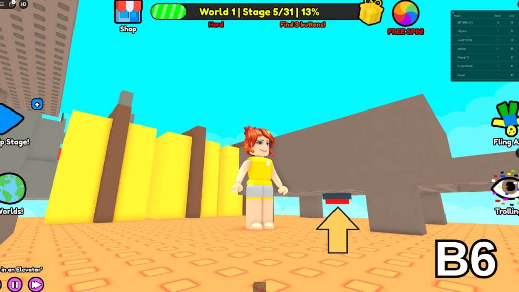 The button beneath the cart in Stage 5 of the Hard Version of Roblox Find Buttons World One