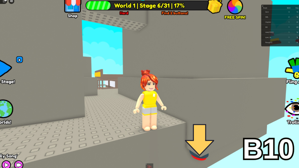 The second Stage Six button in the Hard Version of Roblox Find Buttons World One