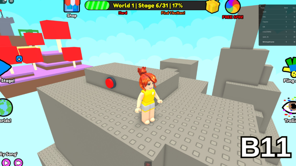 The final button in Stage Six of the Hard Version of Roblox Find Buttons World One