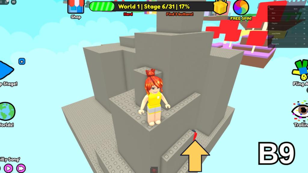 The first button in Stage Six of the Hard Version of Roblox Find Buttons World One