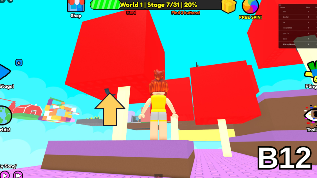 The location of the button hidden in the tree in Stage Seven of the Hard Version of Roblox Find Buttons World One