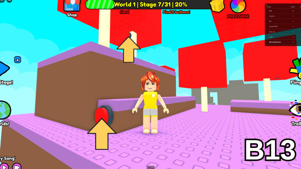The other two Stage Seven button locations in the Hard Version of Roblox Find Buttons World One