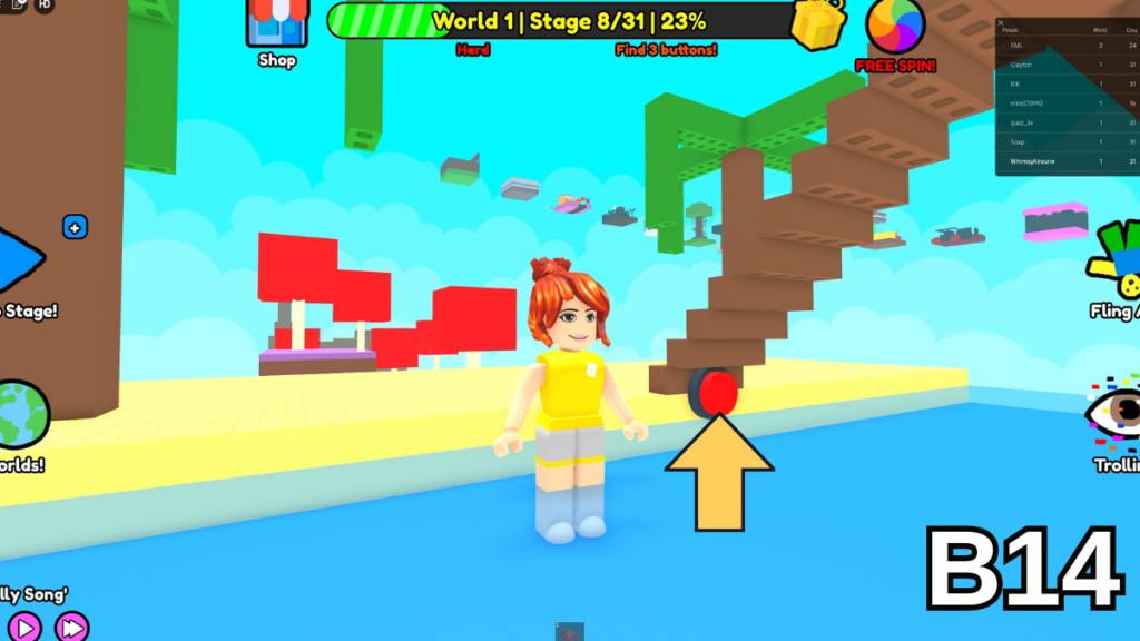 The button beneath the staircase in Stage Eight of the Hard Version of Roblox Find Buttons World One