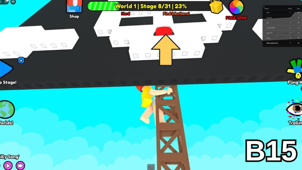 The button hidden in the flag in Stage Eight of the Hard Version of Roblox Find Buttons World One