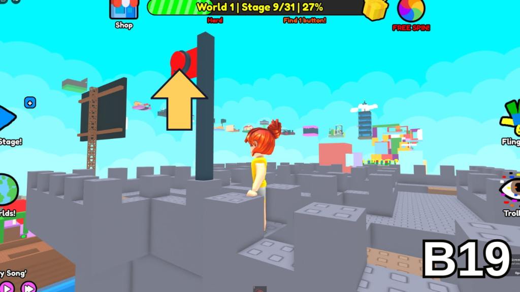 The Stage Nine red flag button in the Hard Version of Roblox Find Buttons World One