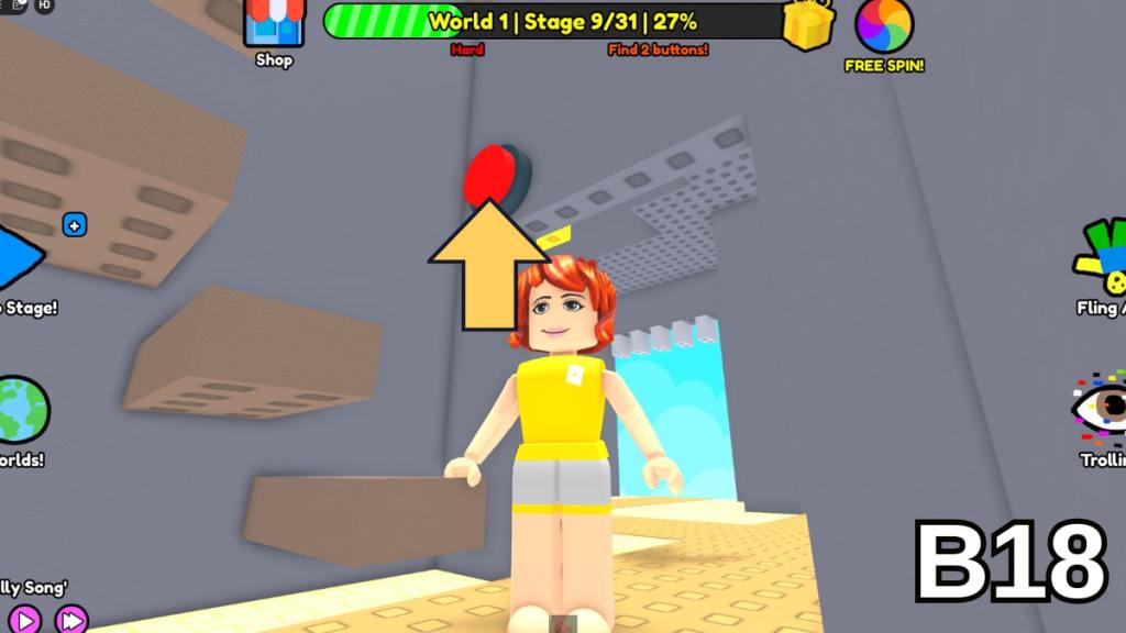 The button hidden in the Stage Nine staircase in the Hard Version of Roblox Find Buttons World One