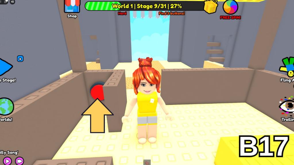 The button hidden in the Stage Nine stall in the Hard Version of Roblox Find Buttons World One
