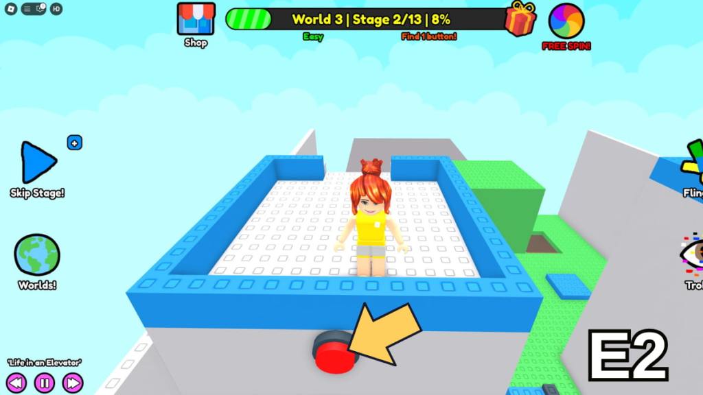The Stage 2 button location in the Easy Version of Roblox Find Buttons World Three