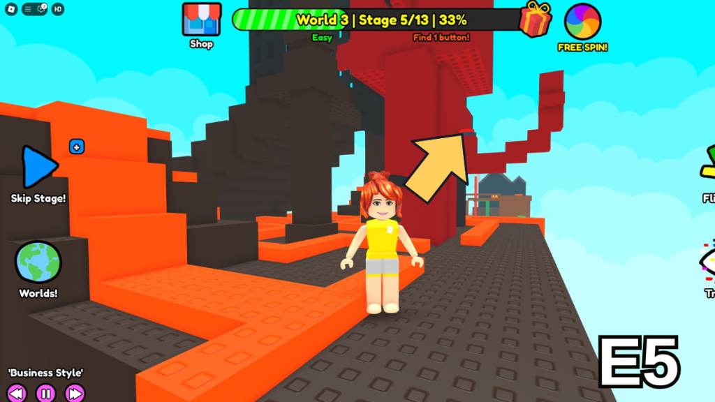 The Stage 5 button location in the Easy Version of Roblox Find Buttons World Three