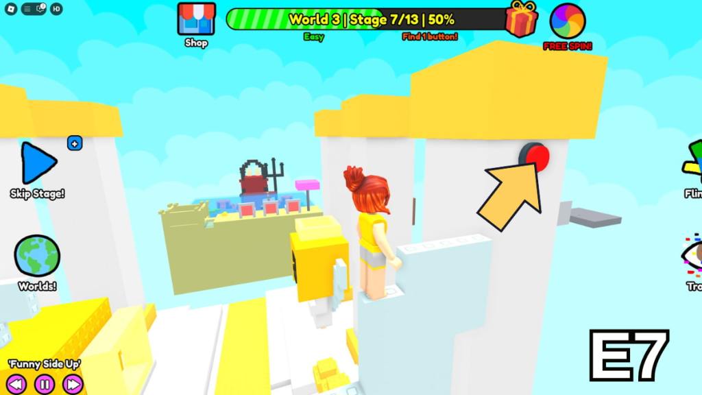 The Stage 7 button location in the Easy Version of Roblox Find Buttons World Three