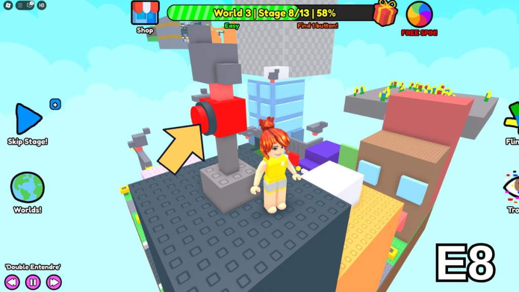 The Stage 8 button location in the Easy Version of Roblox Find Buttons World Three