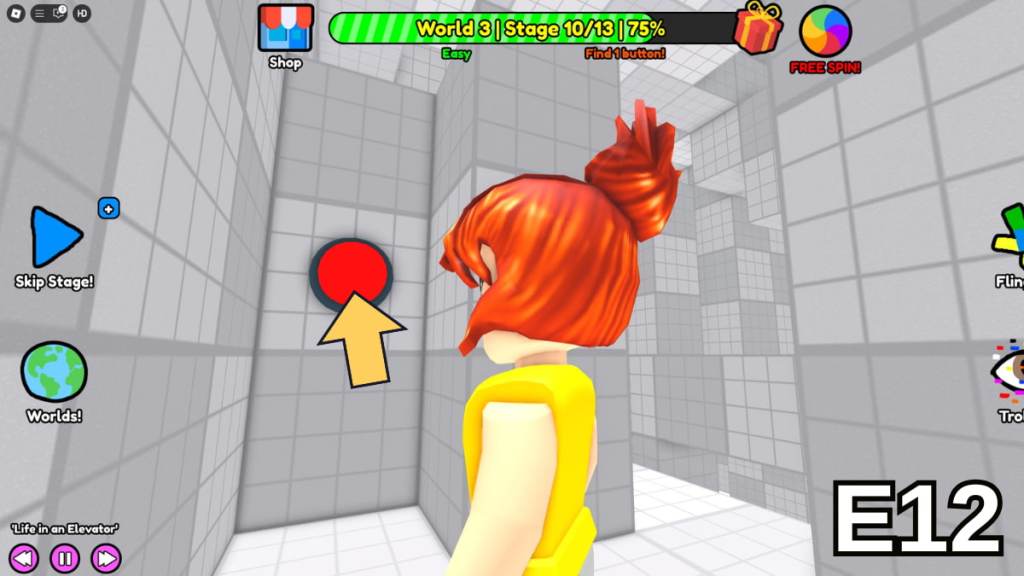 The Stage 10 button location in the Easy Version of Roblox Find Buttons World Three