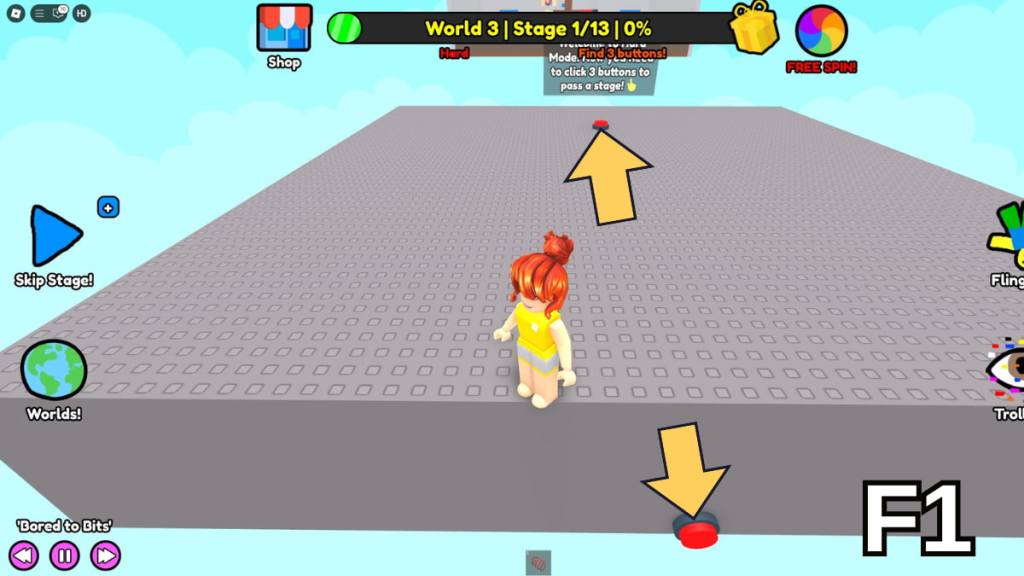 The location of the first Stage 1 buttons in the Hard Version of Roblox Find Buttons World Three
