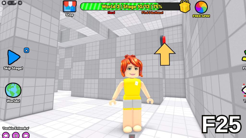 The first button on the first floor of Stage 10 in the Hard Version of Roblox Find Buttons World Three