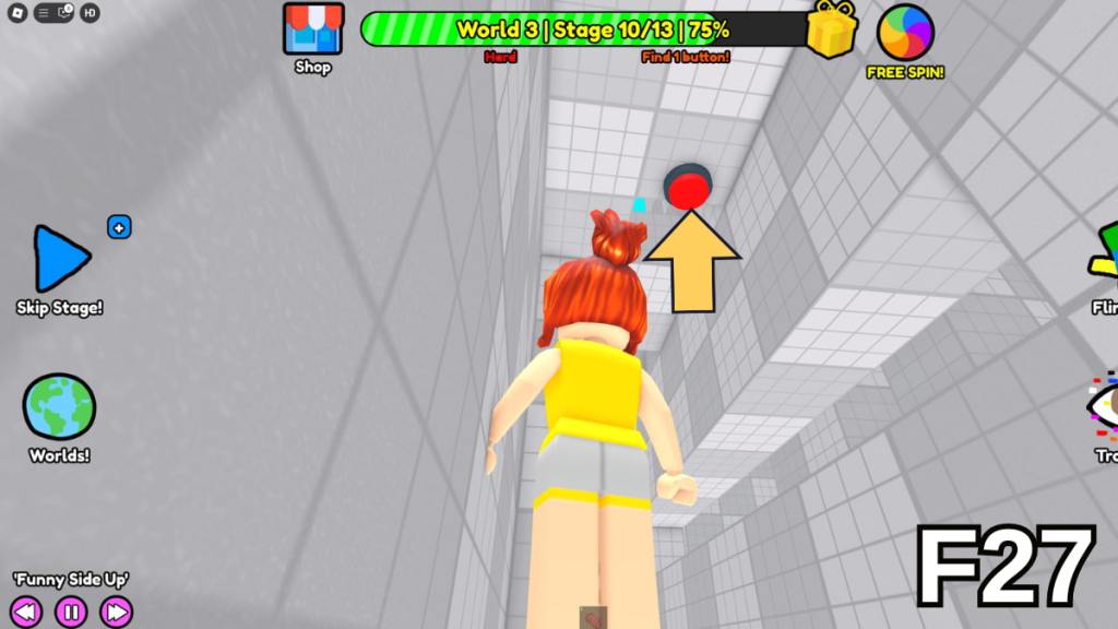 The button on the second floor ceiling in Stage 10 of the Hard Version of Roblox Find Buttons World Three