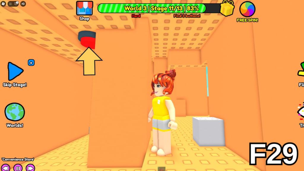 The first button on the ceiling of a cave in Stage 11 of the Hard Version of Roblox Find Buttons World Three
