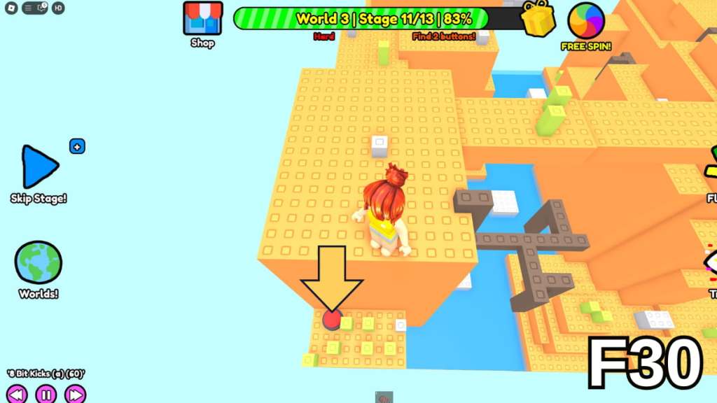 A hidden button on a hillside ledge in Stage 11 of the Hard Version of Roblox Find Buttons World Three