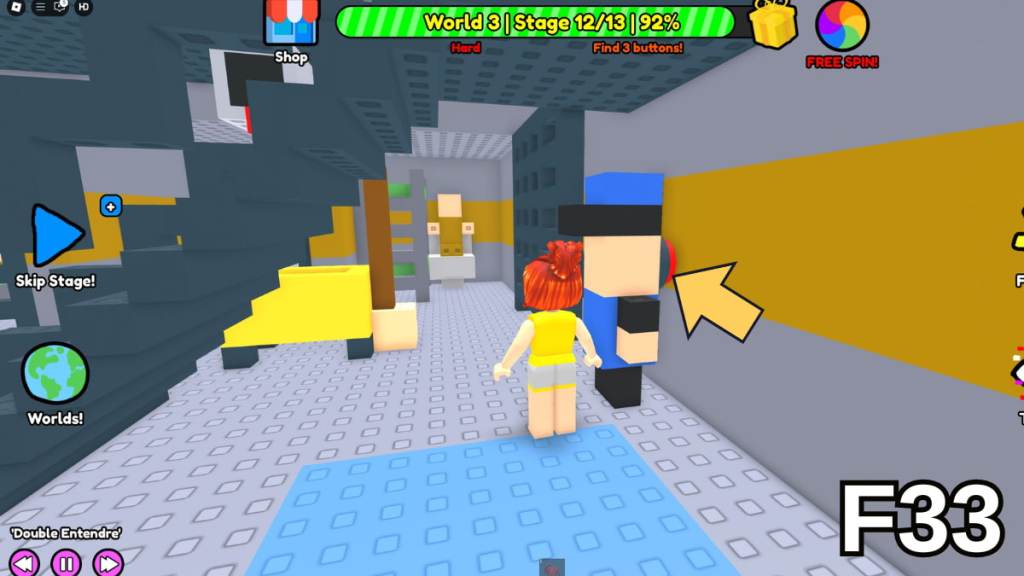 A button hidden behind a guardA barred door hiding a button in Stage 12 of the Hard Version of Roblox Find Buttons World Three