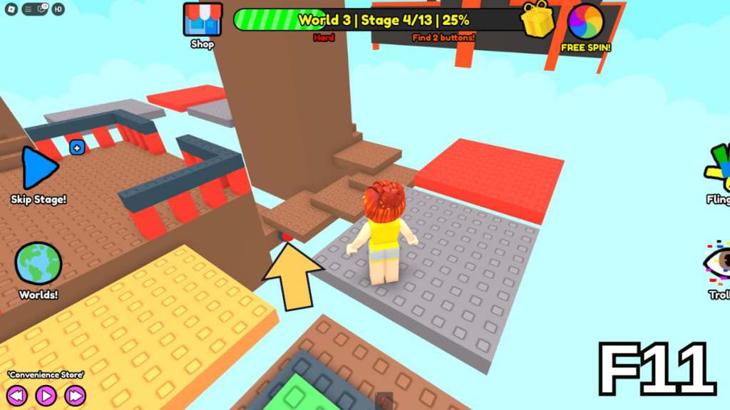 The button beneath the brown platform in Stage 4 of the Hard Version of Roblox Find Buttons World Three
