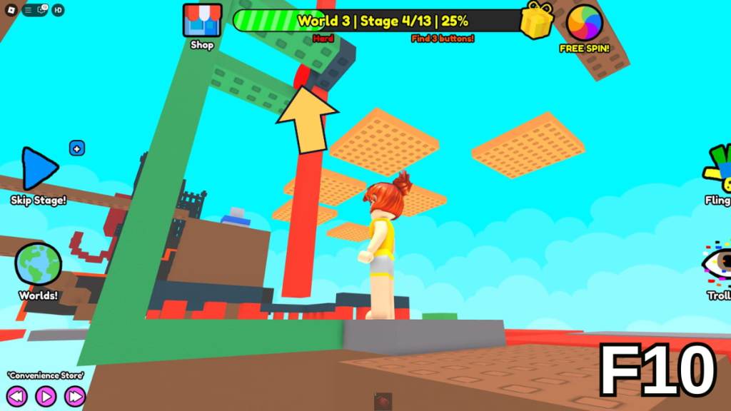 The first button in Stage 4 of the Hard Version of Roblox Find Buttons World Three