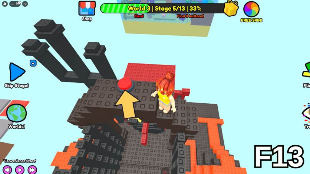 The button on top of the Stage 5 gate in the Hard Version of Roblox Find Buttons World Three