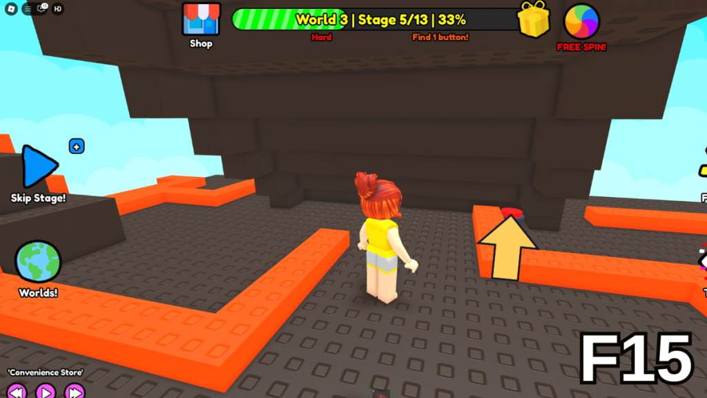 The button beneath the Stage 5 staircase in the Hard Version of Roblox Find Buttons World Three