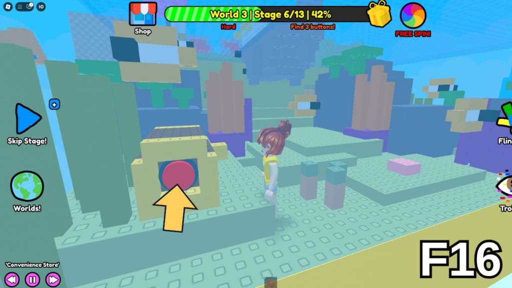 The button in the Stage 6 treasure chest in the Hard Version of Roblox Find Buttons World Three