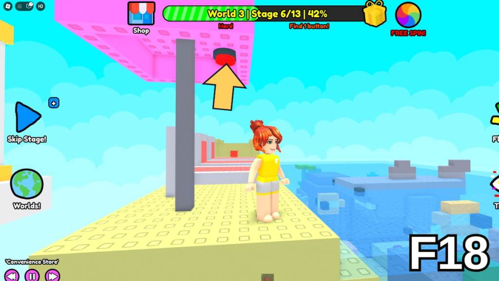 The button in the Stage 6 pink umbrella in the Hard Version of Roblox Find Buttons World Three