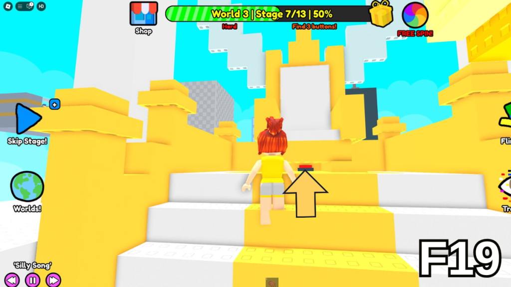 The button beneath the throne in Stage 7 of the Hard Version of Roblox Find Buttons World Three